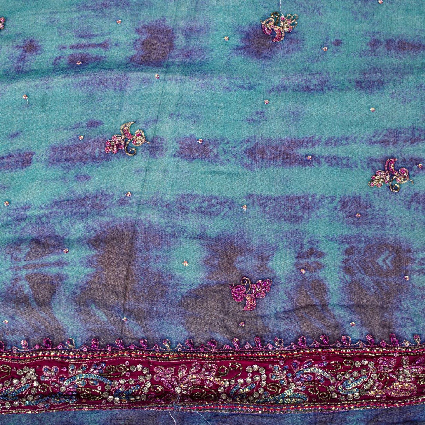 Sanskriti Vintage Blue Soft Pure Chiffon Dupatta Stole Tie-Dye Hand Beaded Veil