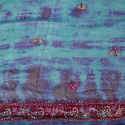 Sanskriti Vintage Blue Soft Pure Chiffon Dupatta Stole Tie-Dye Hand Beaded Veil