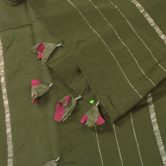 Sanskriti Vintage Solid Green Soft Cotton Silk Dupatta Stole Zari Woven Scarf