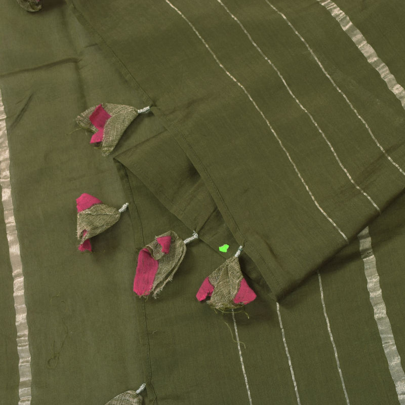 Sanskriti Vintage Solid Green Soft Cotton Silk Dupatta Stole Zari Woven Scarf