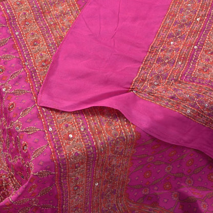 Sanskriti Vintage Pink Artificial Silk Dupatta Stole Hand Embroidery Kantha Veil