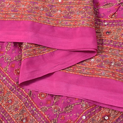 Sanskriti Vintage Pink Artificial Silk Dupatta Stole Hand Embroidery Kantha Veil