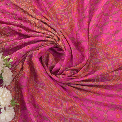 Sanskriti Vintage Pink Artificial Silk Dupatta Stole Hand Embroidery Kantha Veil