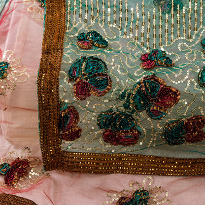 Sanskriti Vintage Purple-Green Net Dupatta Stole Embroidered Sequins Gota Veil