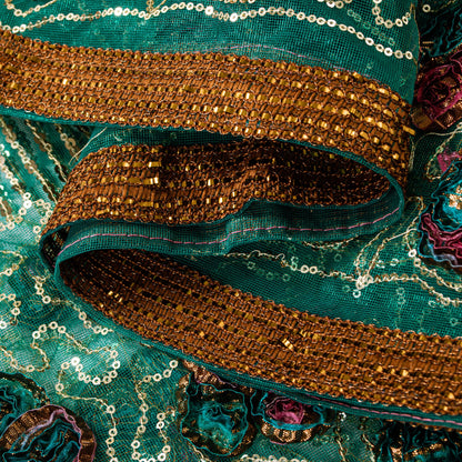 Sanskriti Vintage Purple-Green Net Dupatta Stole Embroidered Sequins Gota Veil