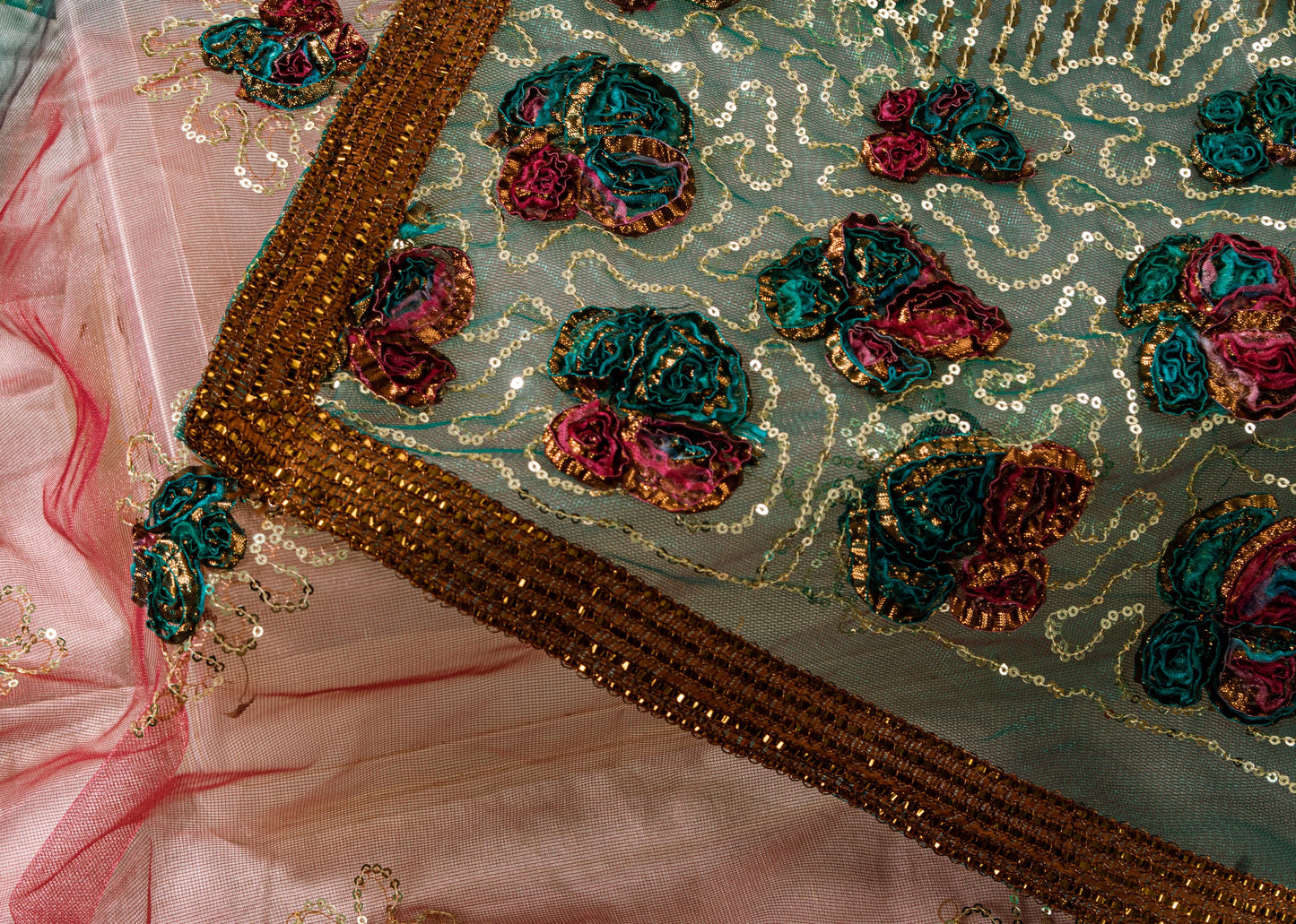 Sanskriti Vintage Purple-Green Net Dupatta Stole Embroidered Sequins Gota Veil