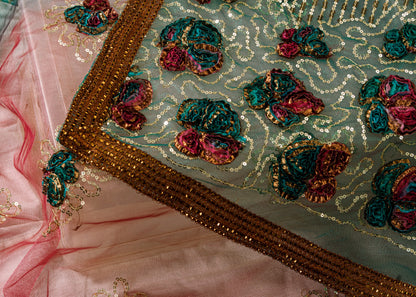 Sanskriti Vintage Purple-Green Net Dupatta Stole Embroidered Sequins Gota Veil