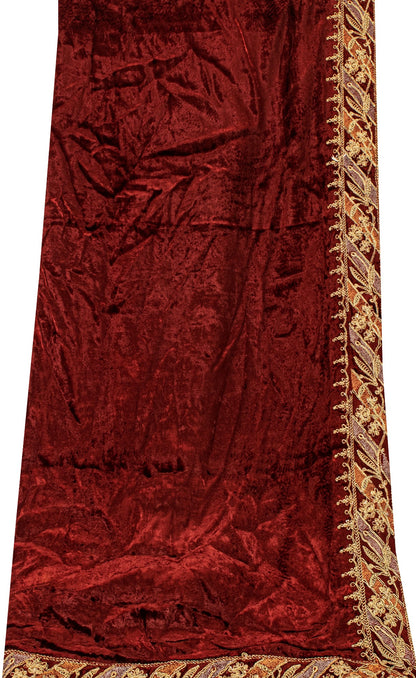 Sanskriti Vintage Maroon Velvet Dupatta Stole Embroidered Wedding Scarf NeckVeil