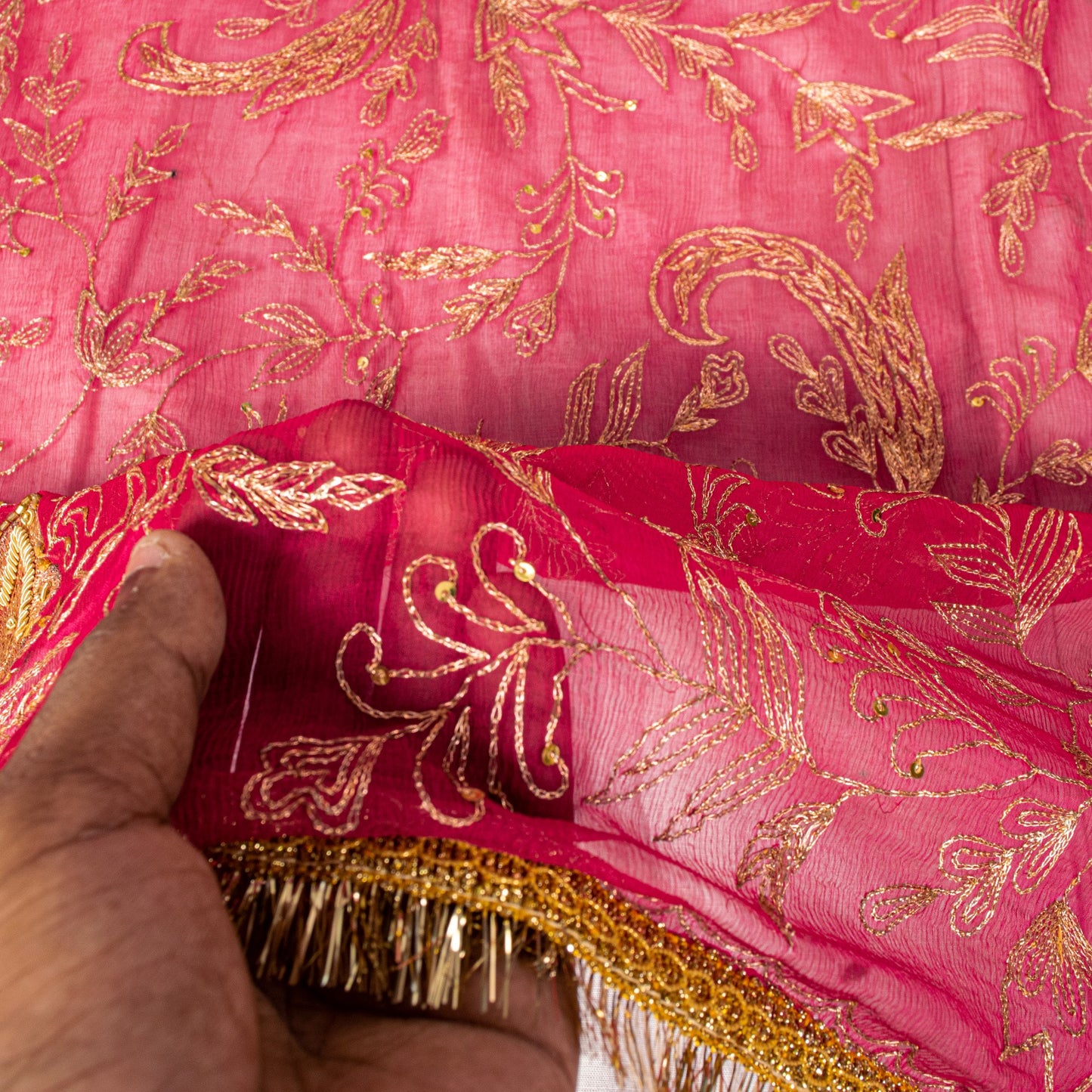 Sanskriti Vintage Pink Soft Pure Chiffon Dupatta Stole Hand Embroidery Zari Veil