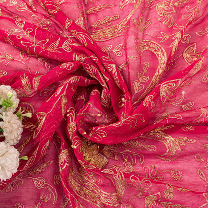 Sanskriti Vintage Pink Soft Pure Chiffon Dupatta Stole Hand Embroidery Zari Veil