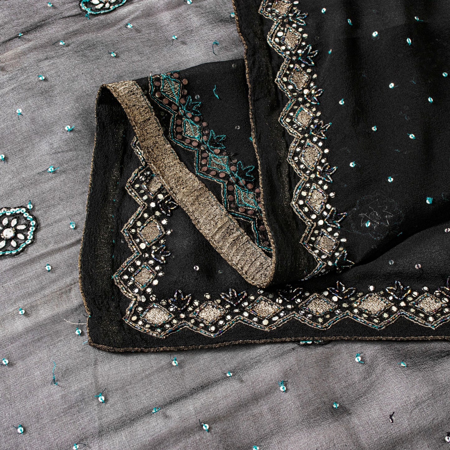 Sanskriti Vintage Black Pure Georgette Silk Dupatta Stole Hand Beaded Scarf Veil