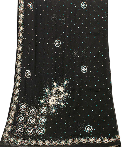 Sanskriti Vintage Black Pure Georgette Silk Dupatta Stole Hand Beaded Scarf Veil