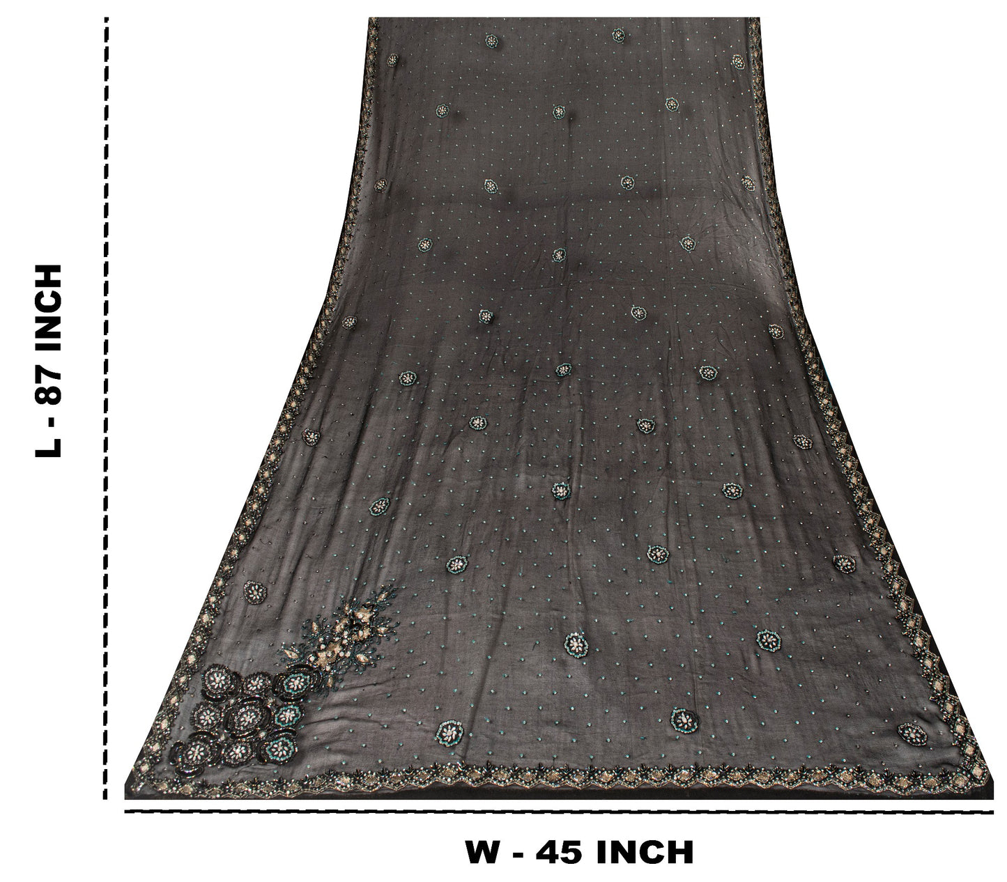 Sanskriti Vintage Black Pure Georgette Silk Dupatta Stole Hand Beaded Scarf Veil
