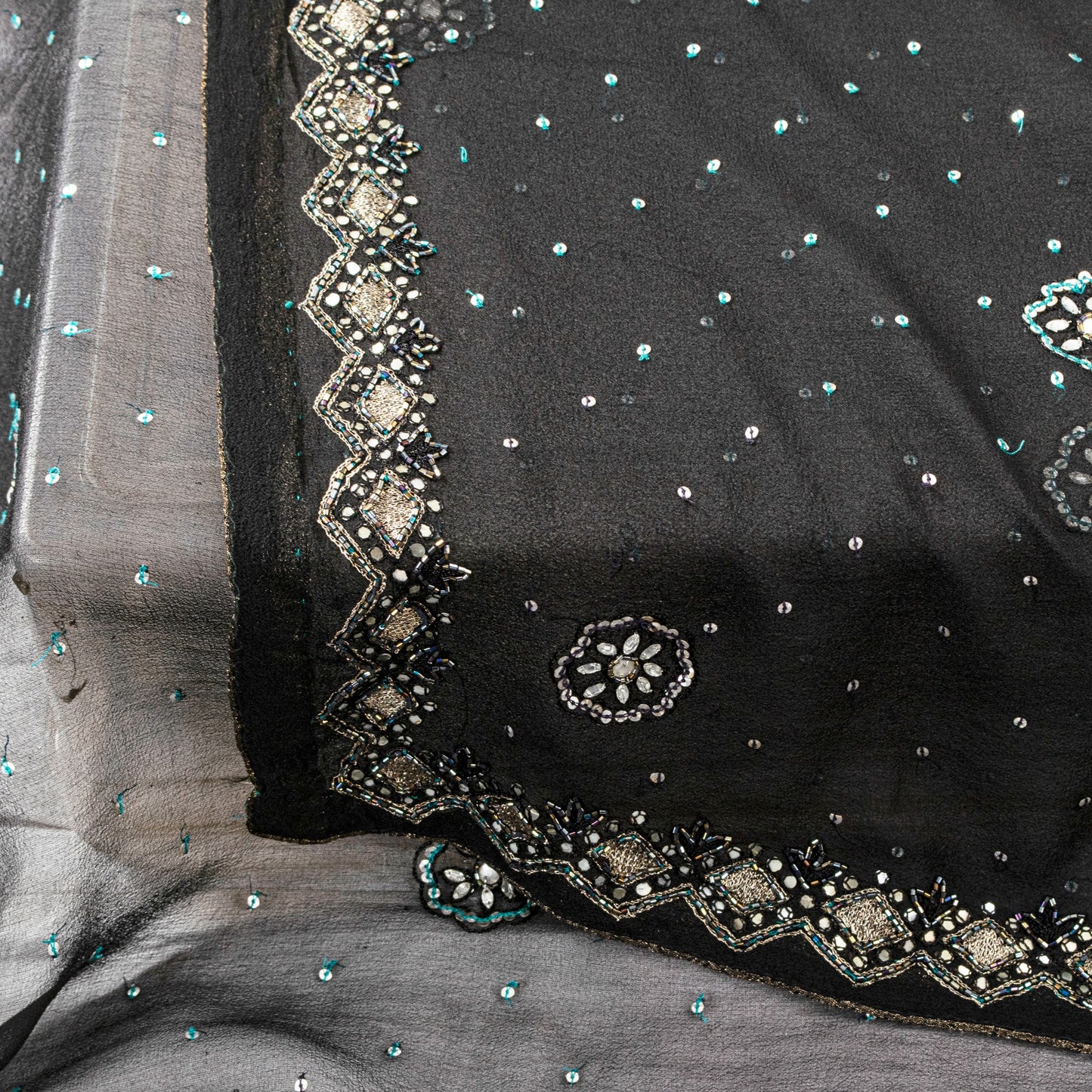 Sanskriti Vintage Black Pure Georgette Silk Dupatta Stole Hand Beaded Scarf Veil