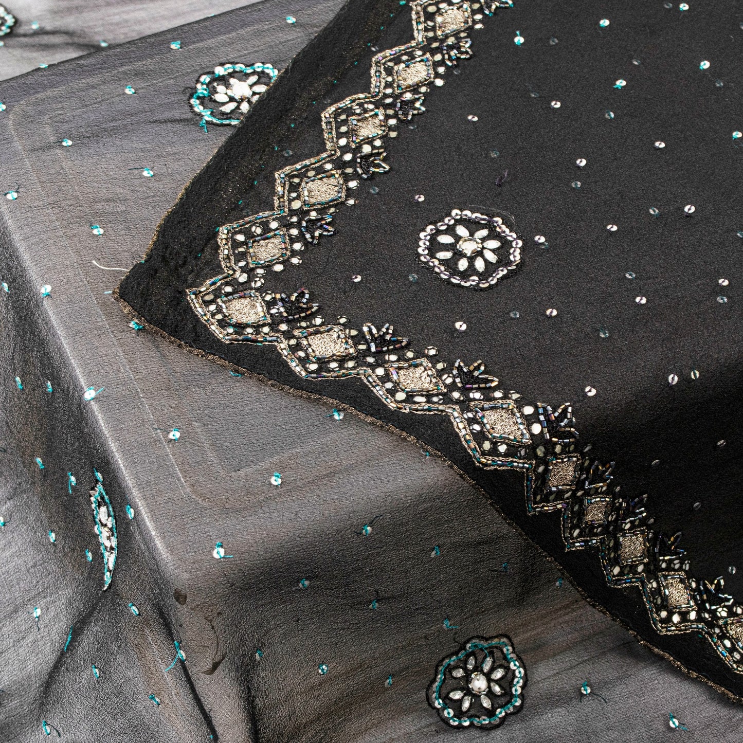 Sanskriti Vintage Black Pure Georgette Silk Dupatta Stole Hand Beaded Scarf Veil