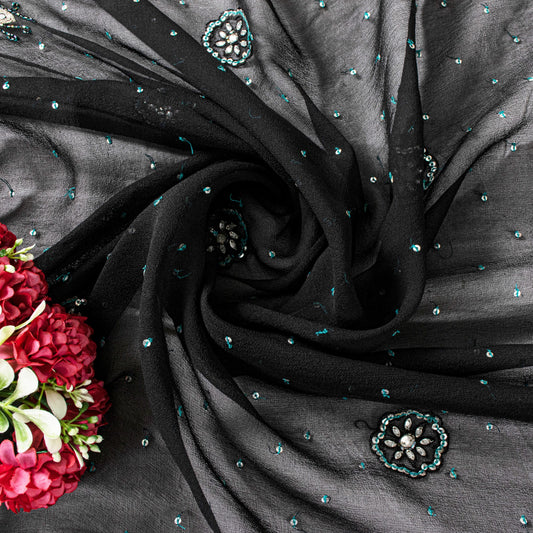 Sanskriti Vintage Black Pure Georgette Silk Dupatta Stole Hand Beaded Scarf Veil