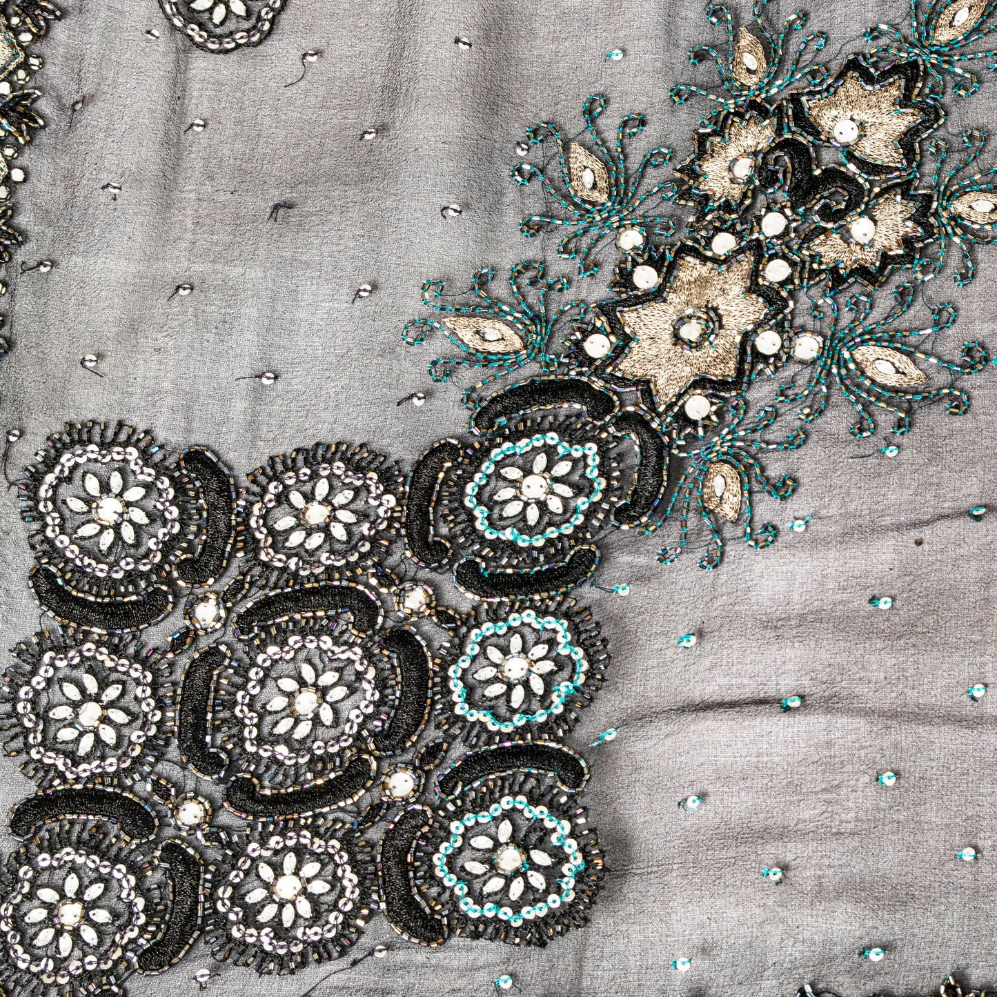 Sanskriti Vintage Black Pure Georgette Silk Dupatta Stole Hand Beaded Scarf Veil