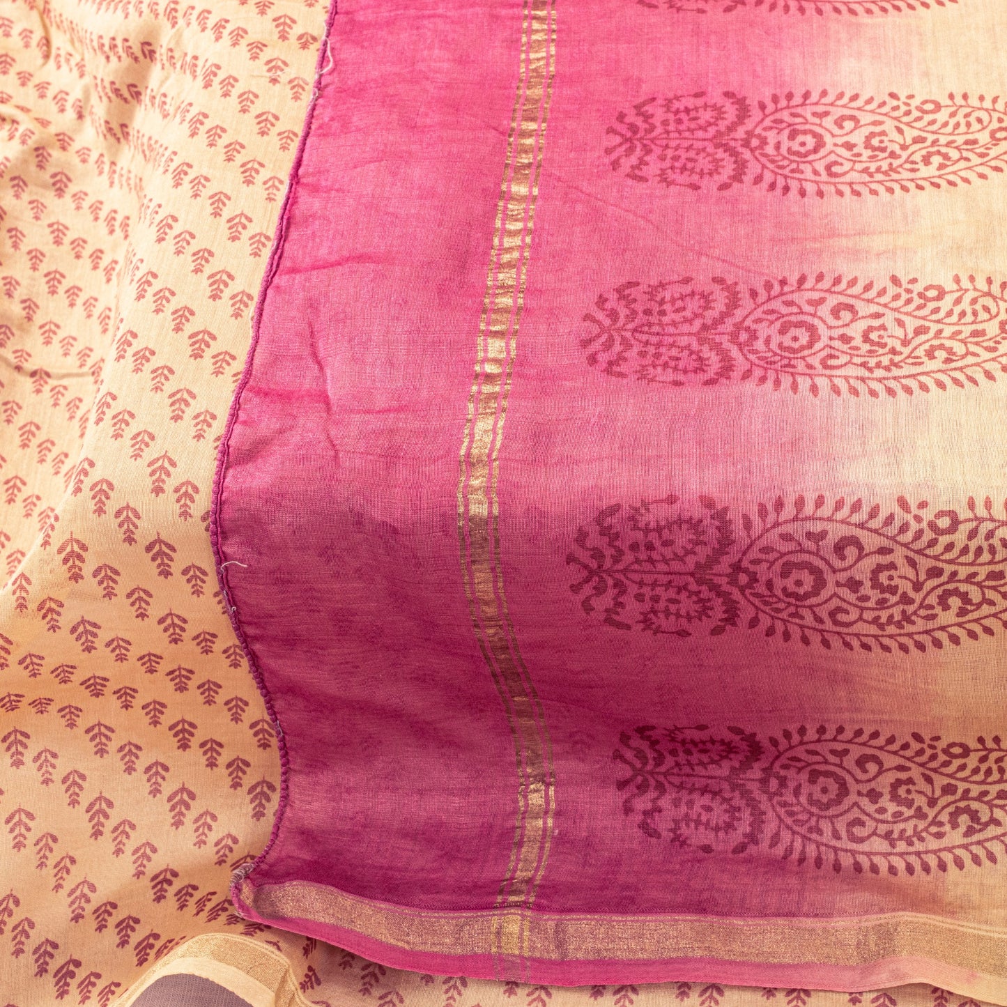 Sanskriti Vintage Cream Soft Cotton Silk Dupatta Stole Hand Block Printed Scarf
