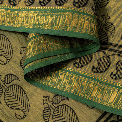 Sanskriti Vintage Green Soft Pure Cotton Dupatta Stole Hand Block Printed Scarf