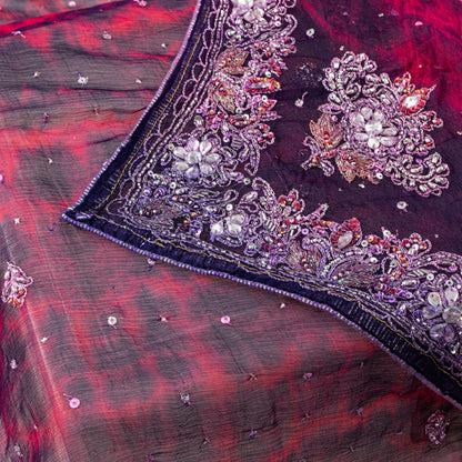 Sanskriti Vintage Red-Blue Pure Chiffon Dupatta Stole Tie-Dye Hand Beaded Scarf
