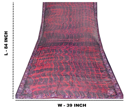 Sanskriti Vintage Red-Blue Pure Chiffon Dupatta Stole Tie-Dye Hand Beaded Scarf