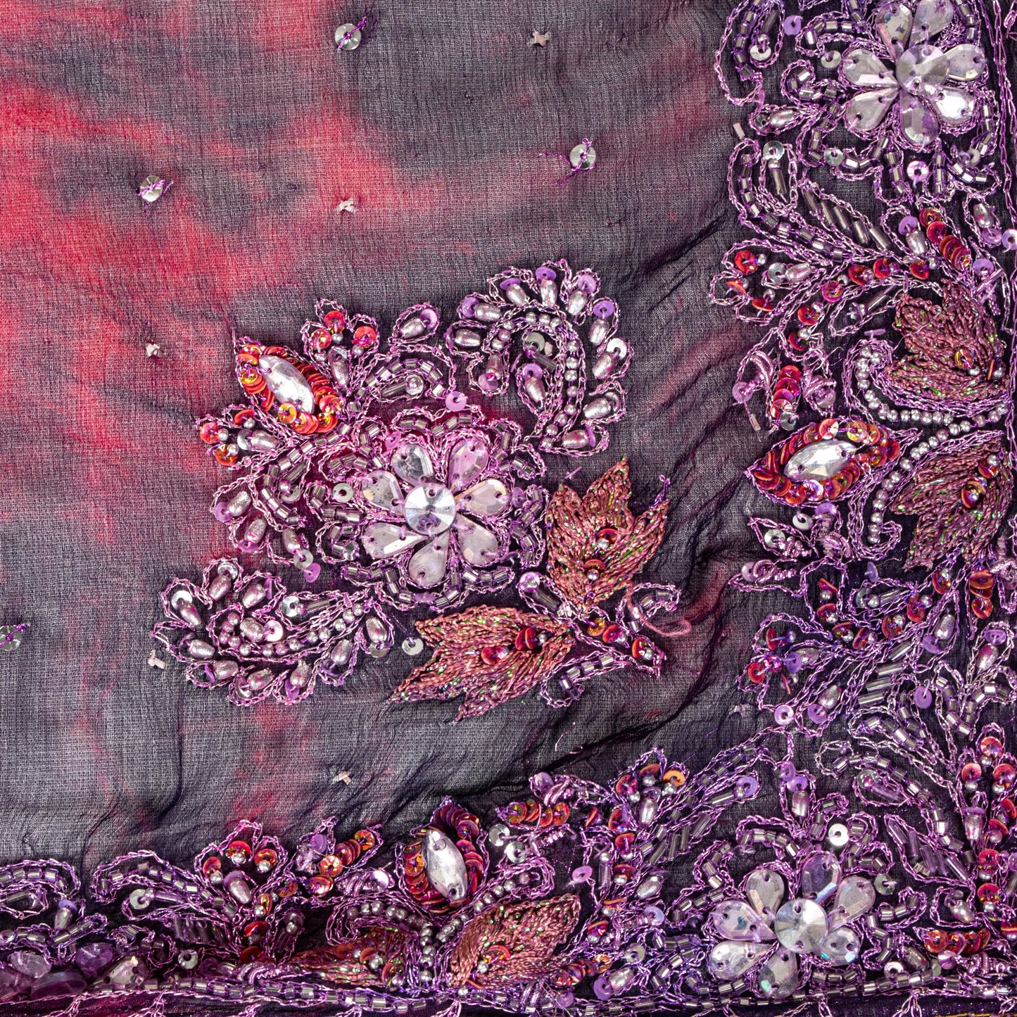 Sanskriti Vintage Red-Blue Pure Chiffon Dupatta Stole Tie-Dye Hand Beaded Scarf