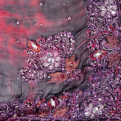 Sanskriti Vintage Red-Blue Pure Chiffon Dupatta Stole Tie-Dye Hand Beaded Scarf