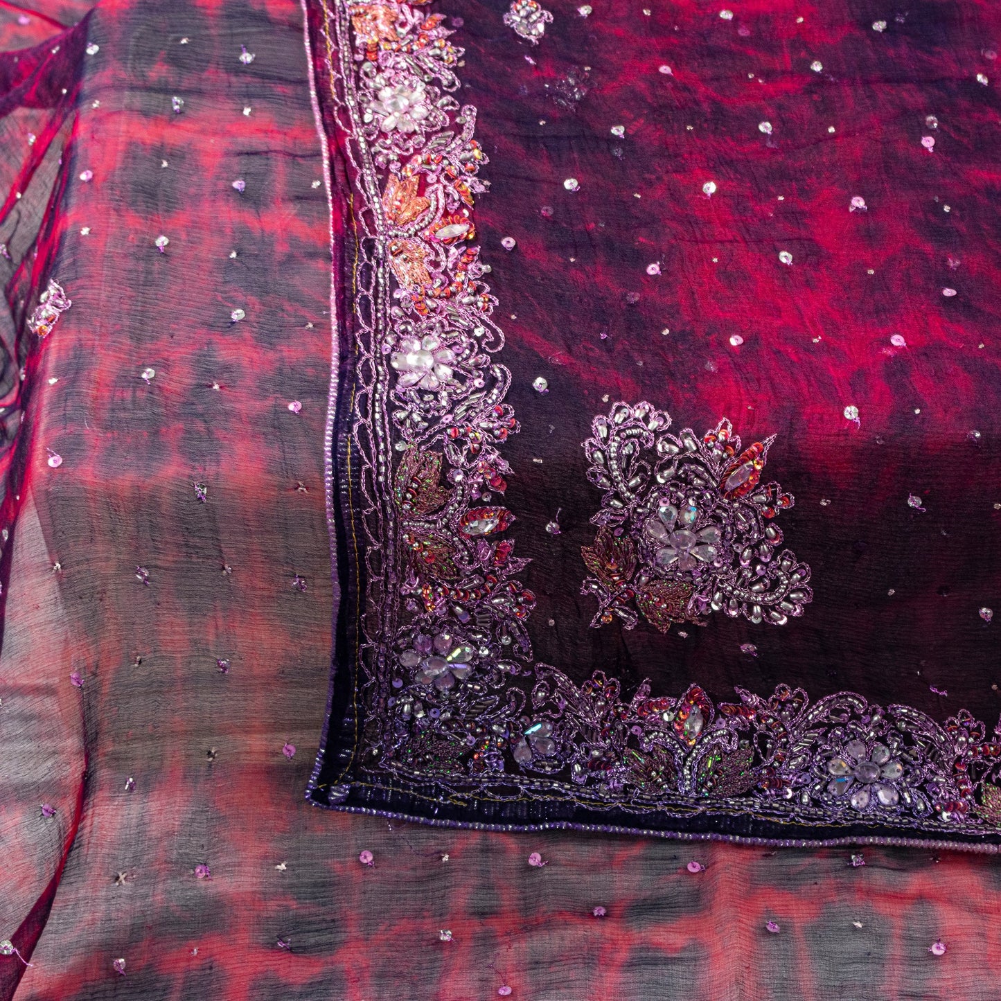 Sanskriti Vintage Red-Blue Pure Chiffon Dupatta Stole Tie-Dye Hand Beaded Scarf