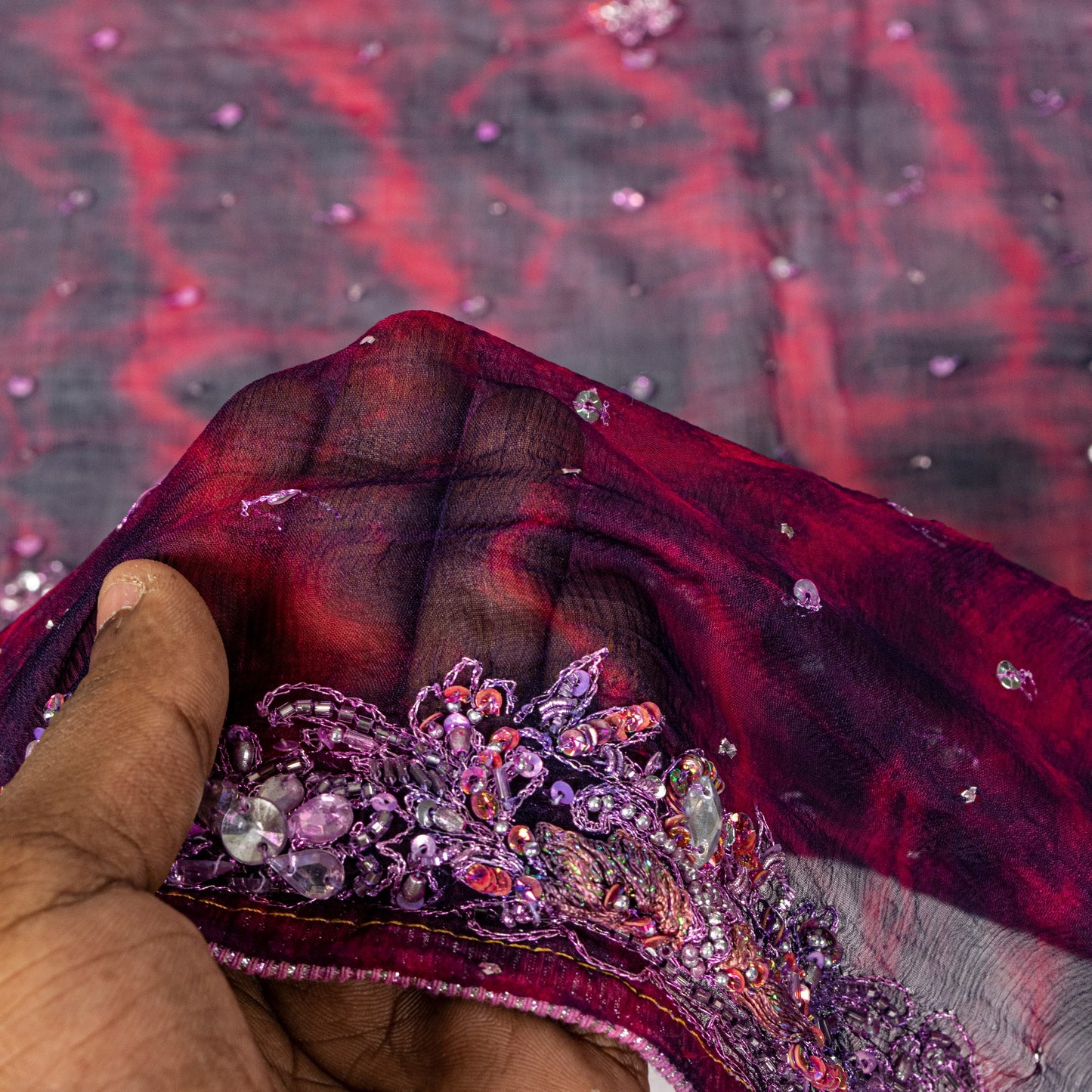 Sanskriti Vintage Red-Blue Pure Chiffon Dupatta Stole Tie-Dye Hand Beaded Scarf