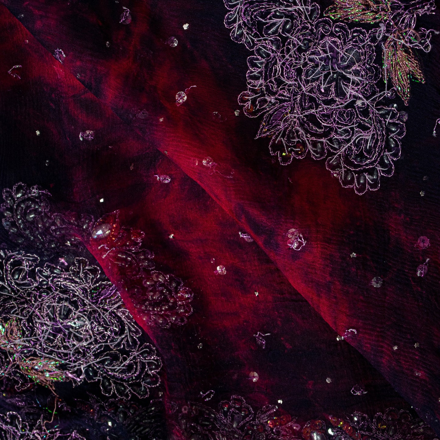 Sanskriti Vintage Red-Blue Pure Chiffon Dupatta Stole Tie-Dye Hand Beaded Scarf