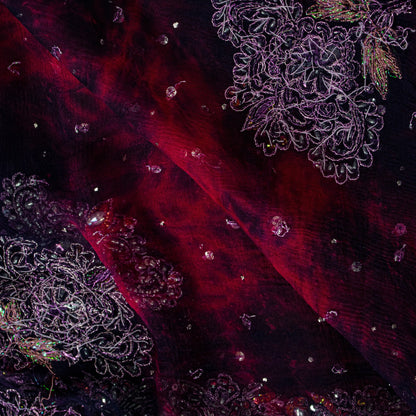 Sanskriti Vintage Red-Blue Pure Chiffon Dupatta Stole Tie-Dye Hand Beaded Scarf