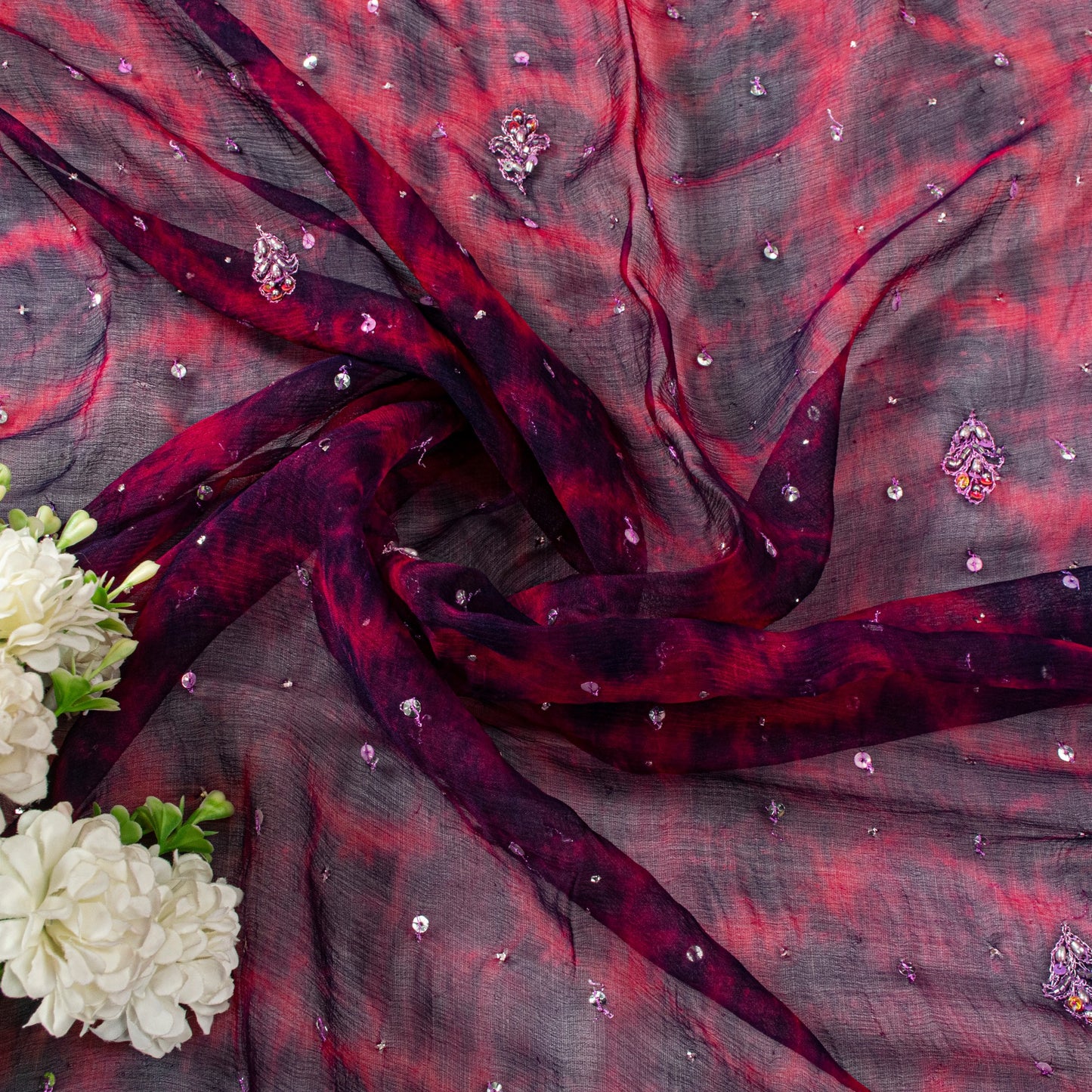 Sanskriti Vintage Red-Blue Pure Chiffon Dupatta Stole Tie-Dye Hand Beaded Scarf