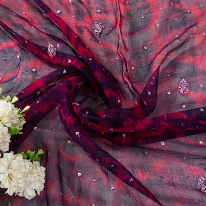 Sanskriti Vintage Red-Blue Pure Chiffon Dupatta Stole Tie-Dye Hand Beaded Scarf