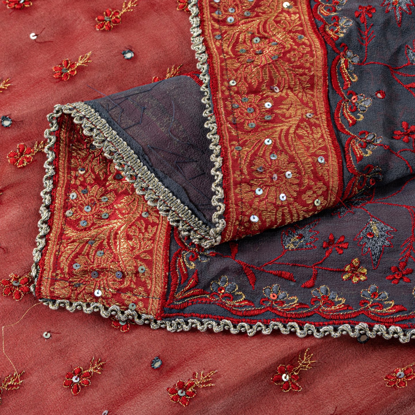 Sanskriti Vintage Red Pure Georgette Silk Dupatta Stole Embroidered Sequin Scarf