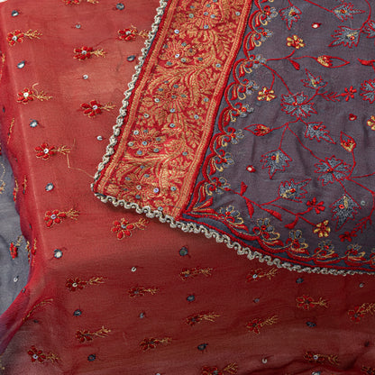 Sanskriti Vintage Red Pure Georgette Silk Dupatta Stole Embroidered Sequin Scarf