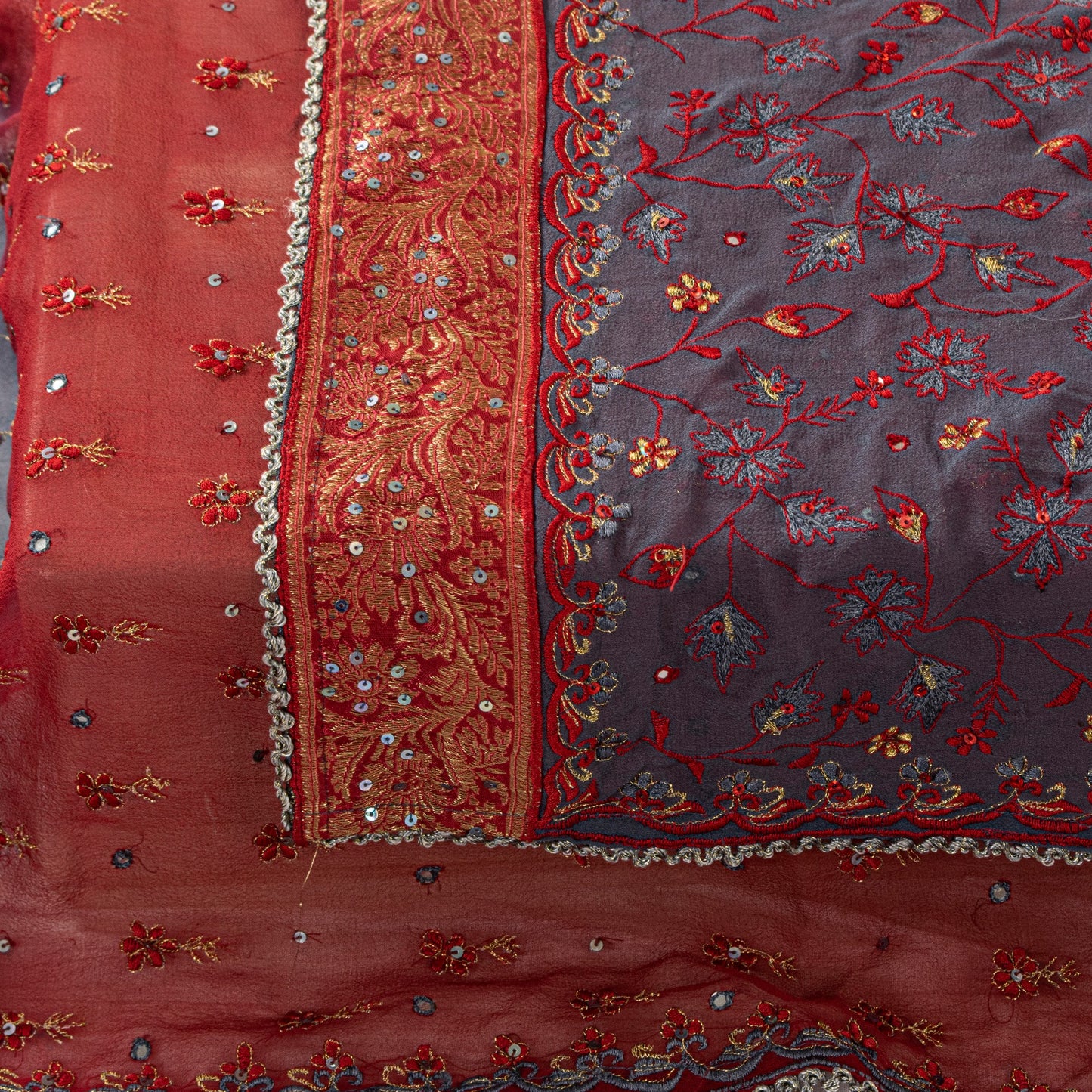 Sanskriti Vintage Red Pure Georgette Silk Dupatta Stole Embroidered Sequin Scarf