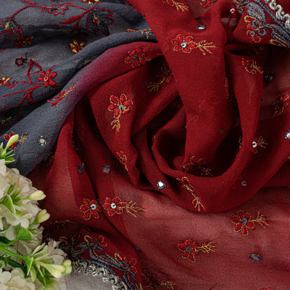 Sanskriti Vintage Red Pure Georgette Silk Dupatta Stole Embroidered Sequin Scarf