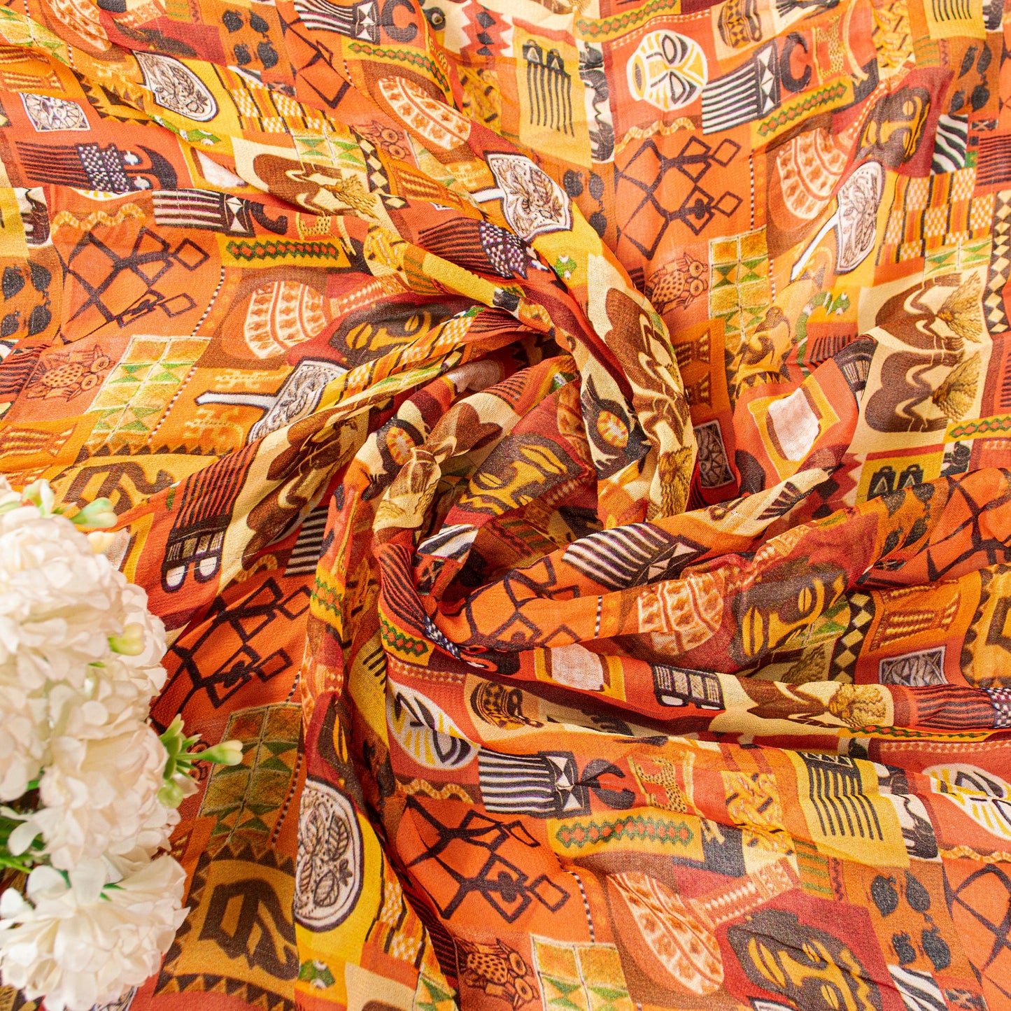 Sanskriti Vintage Orange Pure Georgette Dupatta Stole Digital Print Tribal Scarf