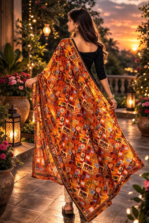 Sanskriti Vintage Orange Pure Georgette Dupatta Stole Digital Print Tribal Scarf