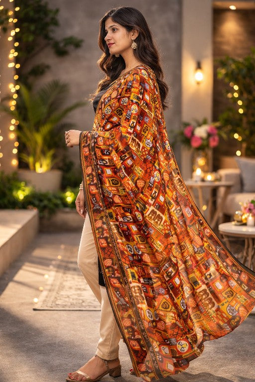 Sanskriti Vintage Orange Pure Georgette Dupatta Stole Digital Print Tribal Scarf