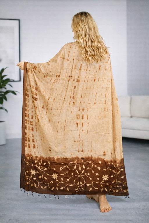 Sanskriti Vintage Cream-Brown Pure Cotton Dupatta Stole Tie-Dye Embroidered Veil