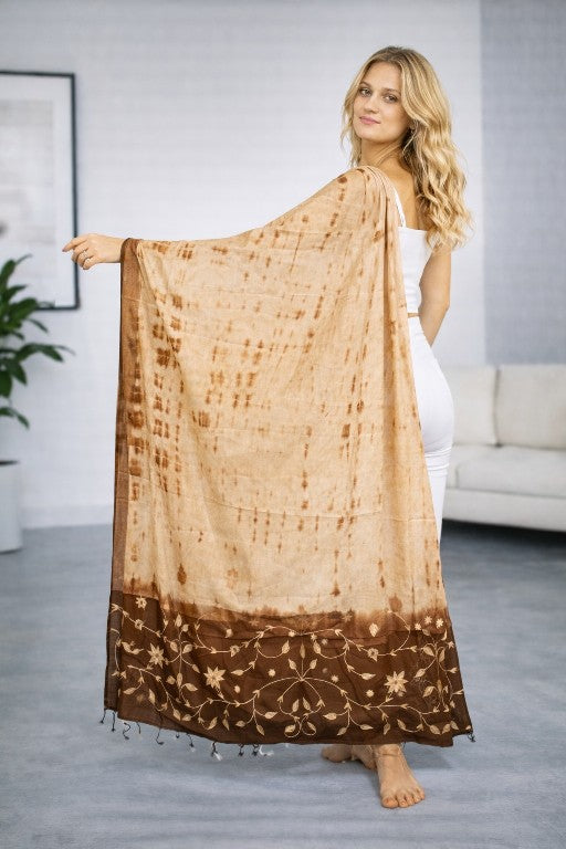 Sanskriti Vintage Cream-Brown Pure Cotton Dupatta Stole Tie-Dye Embroidered Veil
