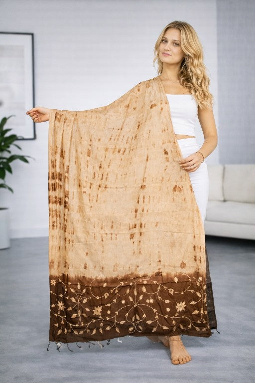 Sanskriti Vintage Cream-Brown Pure Cotton Dupatta Stole Tie-Dye Embroidered Veil