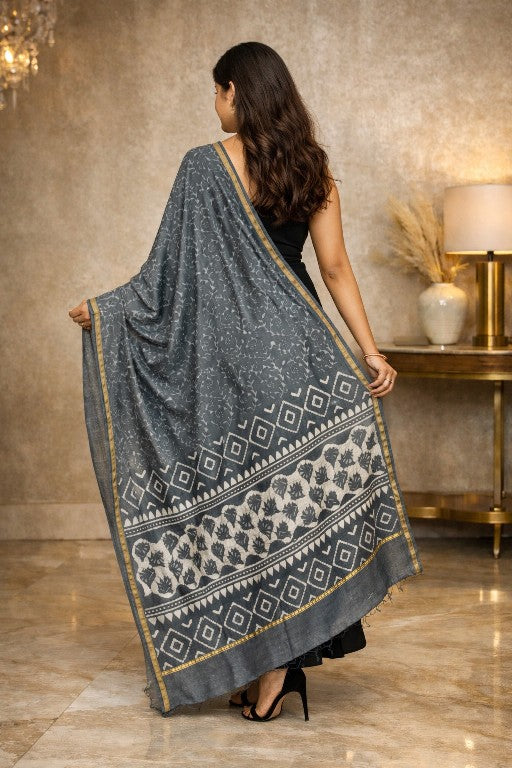Sanskriti Vintage Gray Dupatta/Stole Cotton Silk BatiK Work Rajasthan Neck Veil