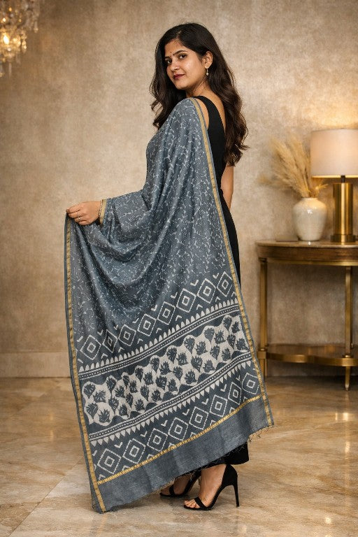 Sanskriti Vintage Gray Dupatta/Stole Cotton Silk BatiK Work Rajasthan Neck Veil