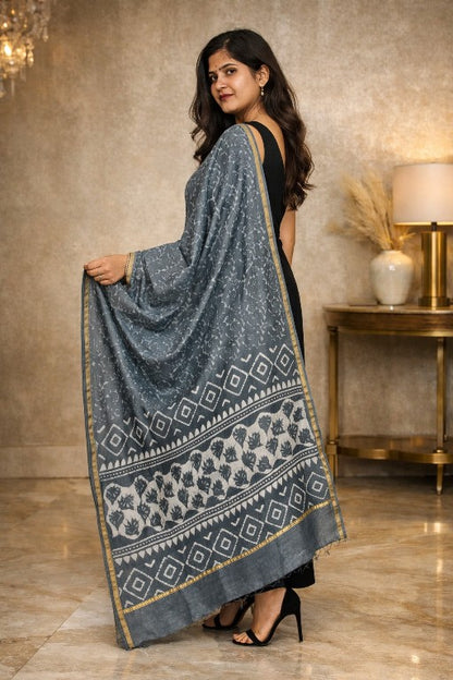 Sanskriti Vintage Gray Dupatta/Stole Cotton Silk BatiK Work Rajasthan Neck Veil