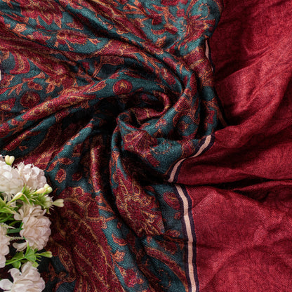 Sanskriti Vintage Red Soft Dupatta/Stole Pure Woolen Kashmir Kani Paisley Print
