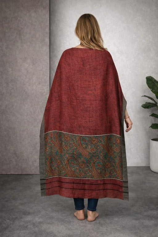Sanskriti Vintage Red Soft Dupatta/Stole Pure Woolen Kashmir Kani Paisley Print