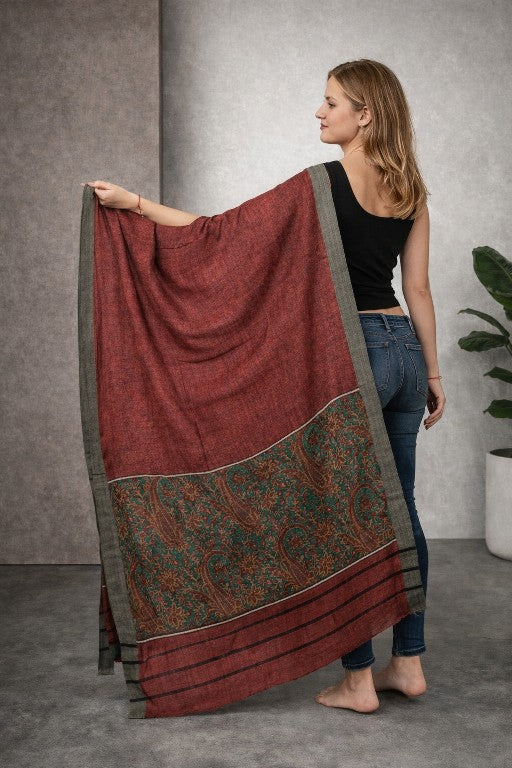 Sanskriti Vintage Red Soft Dupatta/Stole Pure Woolen Kashmir Kani Paisley Print