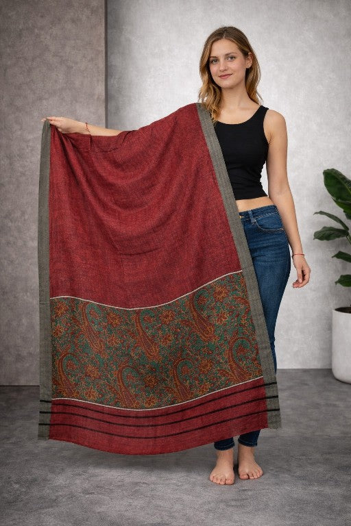 Sanskriti Vintage Red Soft Dupatta/Stole Pure Woolen Kashmir Kani Paisley Print